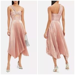 A.L.C. Pink Rose Gold Aurora Pleated One Shoulder Midi Dress